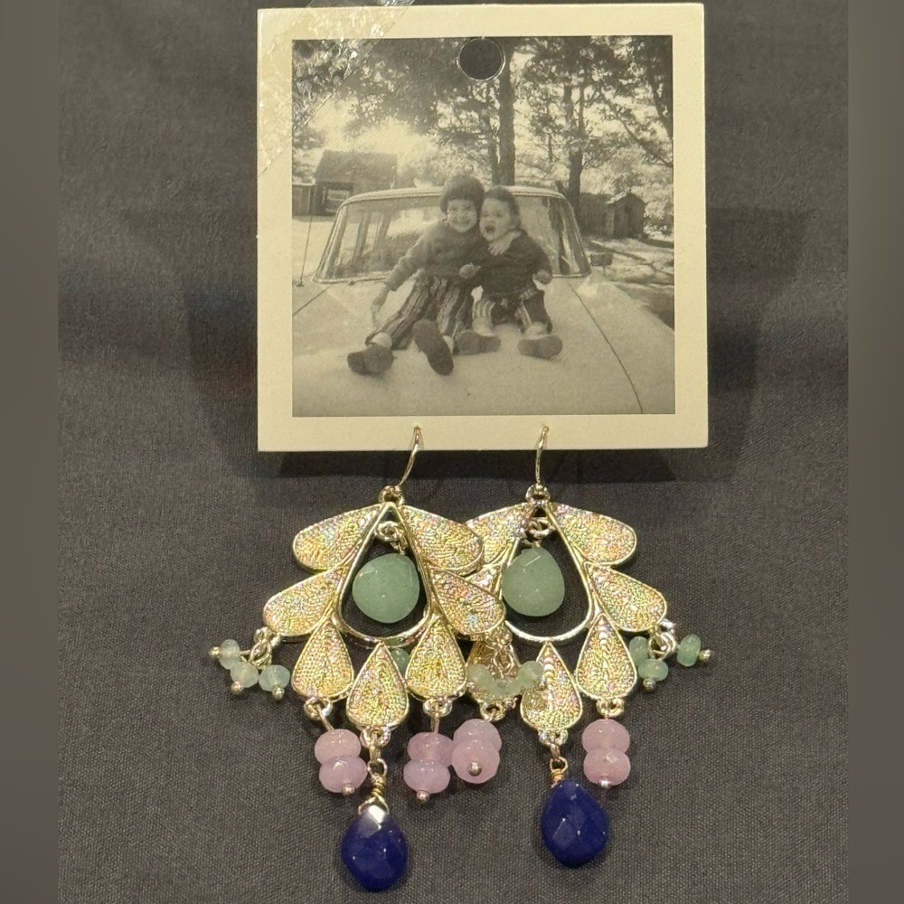 Anthropology Gold Dangle Earrings w/blue, green, and lavender beads. - Picture 2 of 3